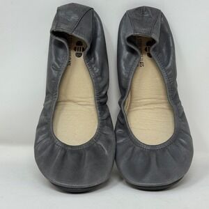 Women's Gray Leather Foldable Ballet Flats with Padded Insole